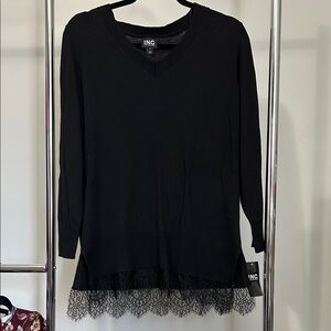 INC International Concepts Black Long Sleeve Top with Lace Hem
